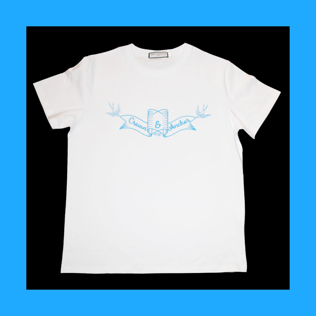 Unisex O Neck Short Sleeve Blue Ribbon Printed White Tee